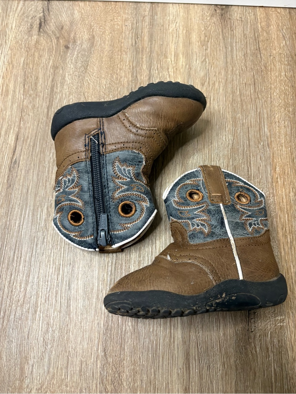 Roper Cowbabies Daniel Western Boots Infant Size 4 Brown Blue Zip Cowboy Boots - Picture 2 of 6